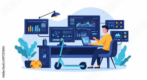 Man Working on Computer with Multiple Monitors.