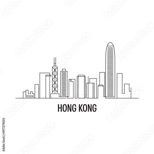 Linear depiction of the hong kong skyline with notable buildings and text