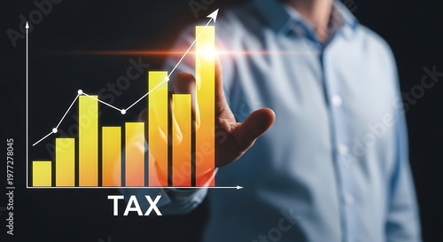 A businessman analyzing a tax graph with a rising trend