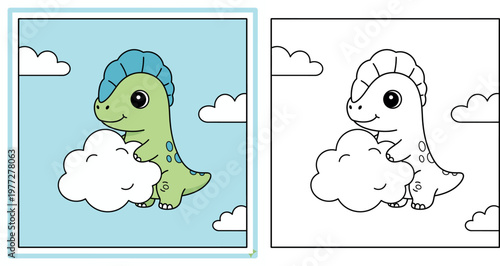 Adorable Cartoon Green Dinosaur with Blue Mohawk Hugging a Cloud in a Blue Sky with Clouds