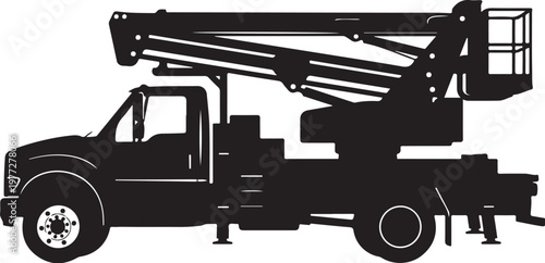Black silhouette, aerial lift truck, construction vehicle, industrial equipment, vector illustration