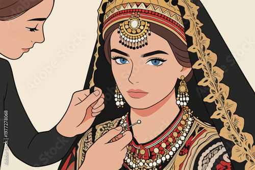 Woman Applying Makeup to Traditional Dressed Woman