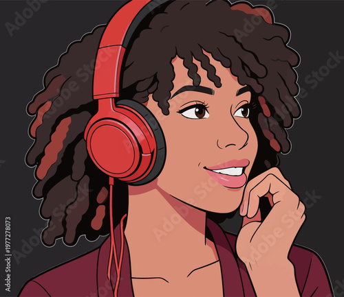 Woman with Red Headphones and Curly Hair