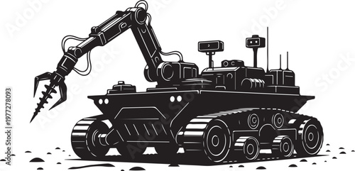 Industrial robotic arm, mechanical excavator, heavy machinery, black and white vector