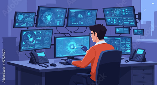 Man Working on Multiple Computer Monitors.