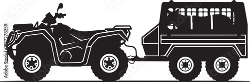 Vector ATV, quad bike towing trailer, off-road vehicle, silhouette illustration