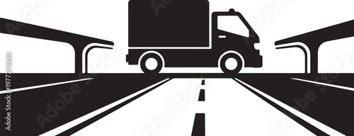 Truck on highway, road transport, vehicle silhouette, black and white, vector graphic