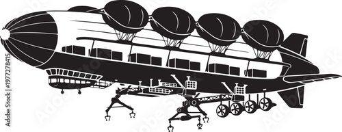 Vintage airship, zeppelin, blimp, aircraft, black and white vector, illustration