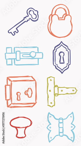 Hand-drawn vector collection of vintage and modern hardware elements, including keys, locks, hinges, and knobs, presented in a colorful sketch-like illustration style