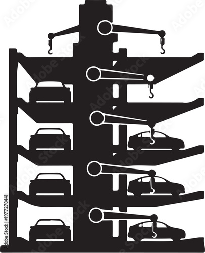 Automated car parking garage, robotic vehicle storage, mechanical parking system, black silhouette