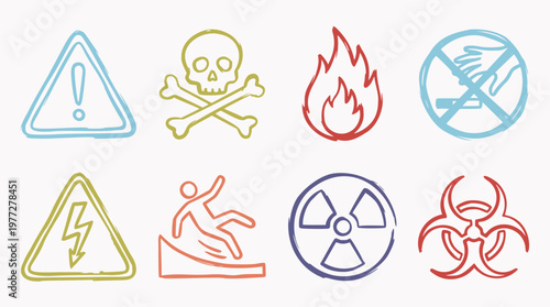 Collection of hand-drawn vector hazard and warning signs, including symbols for danger, fire, electricity, radiation, biohazard, and prohibition