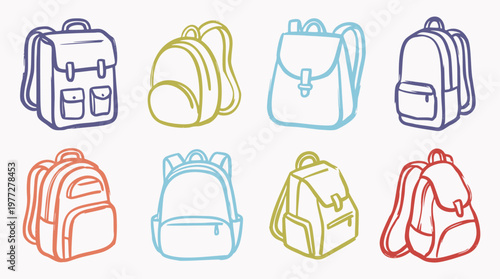 Collection of hand-drawn vector illustrations featuring various school backpacks and travel bags in a doodle sketch style, ideal for back to school designs