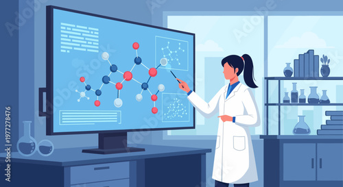Scientist in Lab Coat Presenting Molecular Structure.