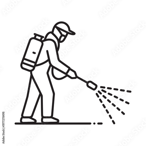 Line art illustration of a person spraying insecticide with a backpack sprayer