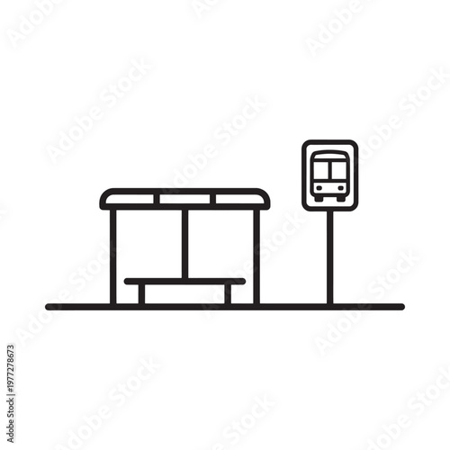 Simple line drawing of a bus stop with a bench and signage