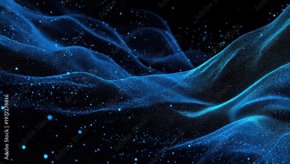 Fototapeta premium Abstract blue light particles flow over undulating digital waves