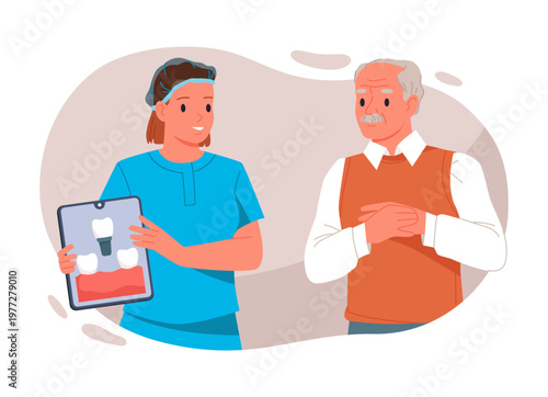Dentist explaining dental implant procedure to elderly man using diagram, focusing on oral health and prosthetics, isolated on white background vector illustration