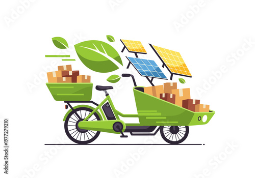 Green electric cargo bike delivering packages with solar panels and leaves for sustainable eco-friendly logistics