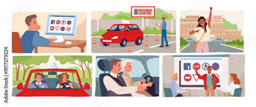 Learning road signs, practicing driving skills, passing exams, and celebrating success at a driving school depicted in a modern educational setting, isolated on white background vector illustration