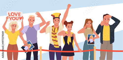 Group of enthusiastic fans showing support with signs, photos, and emotional reactions at an event, standing behind a red barrier, colorful and expressive vector illustration