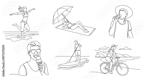 Summer activities line art set beach vacation lifestyle people outline illustration collection
