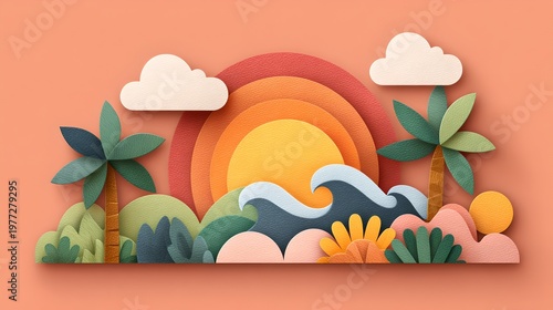 A colorful paper cutout design of a beach scene featuring palm trees, ocean waves, and a vibrant sunset