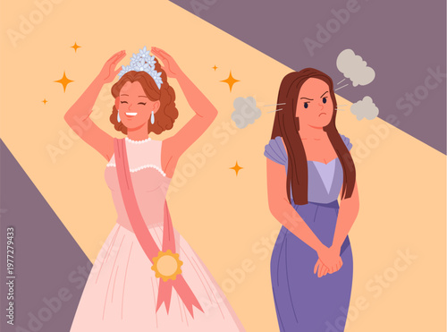 Two women at a pageant, one celebrating victory with a crown and sash, the other visibly envious and upset, highlighting female rivalry and emotions vector illustration