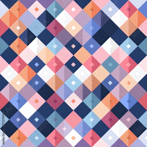 A colorful geometric pattern of diamonds in a seamless design. This vibrant backdrop features a repeating layout of different color shades with a rhombus shape