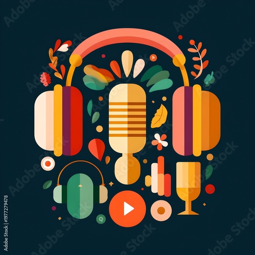 Creative podcast logo with colorful headphones, a microphone, and design elements. The artwork conveys the essence of audio recording and entertainment