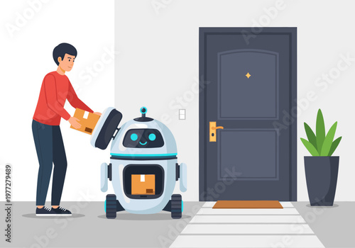 Man receiving a package from an autonomous delivery robot at a residential doorstep