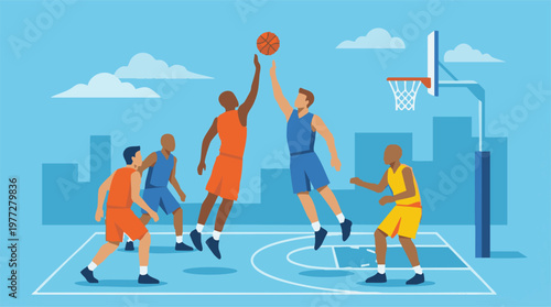 Basketball game illustration with players competing for a jump ball on an outdoor court