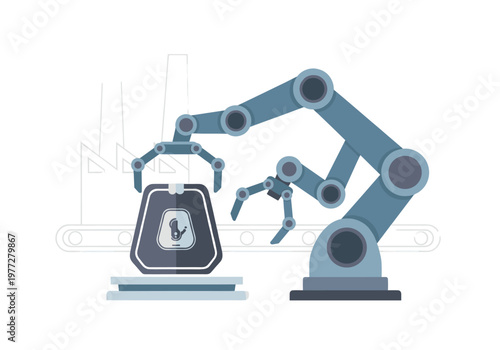 Robotic arm placing a package with a lightbulb symbol on a factory conveyor belt