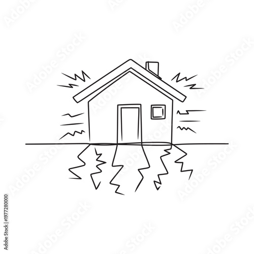 A simple line drawing depicts a house being impacted by an earthquake