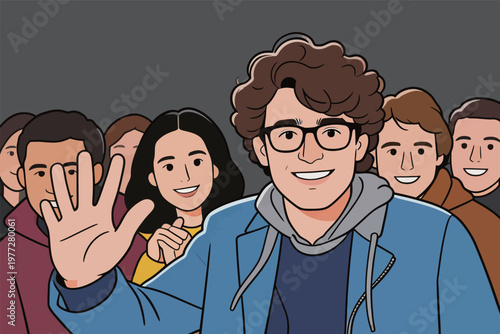 Young man waving with crowd behind him