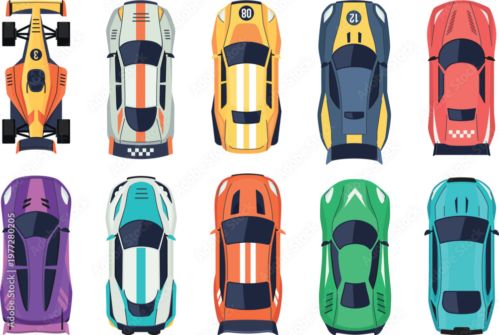 Fototapeta premium Racing cars top view. Rally motorsport vehicles with racing livery from above, various cartoon sport car aerial view for auto race game app. Vector isolated set
