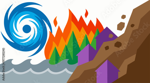 Natural disasters concept: hurricane, wildfire, and landslide affecting homes