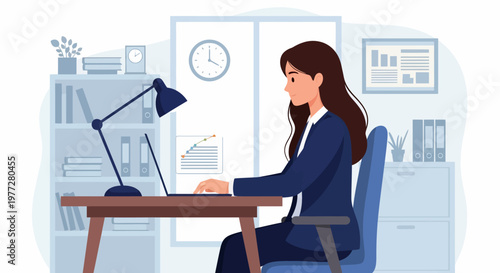 Businesswoman Working on Laptop at Desk.