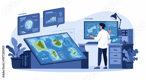 Data Analyst Working on Multiple Screens.
