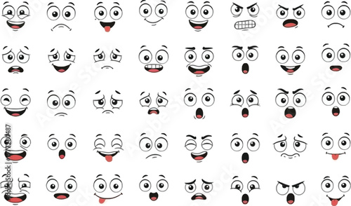 A collection of various cartoon faces with different emotions on a white background
