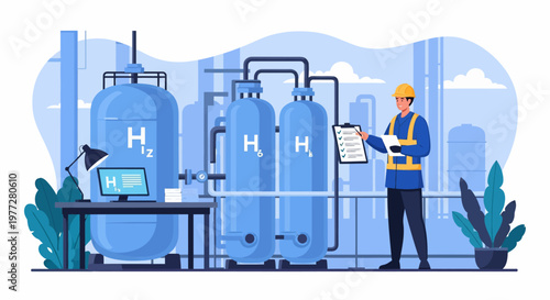 Engineer Inspecting Hydrogen Storage Tanks Facility.