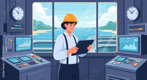 Engineer Standing in Control Room with Clipboard.