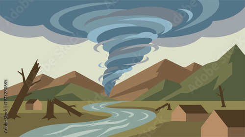 Tornado natural disaster in a valley with broken trees and houses