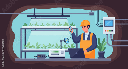 Farmer Inspecting Plants in Greenhouse Laboratory.