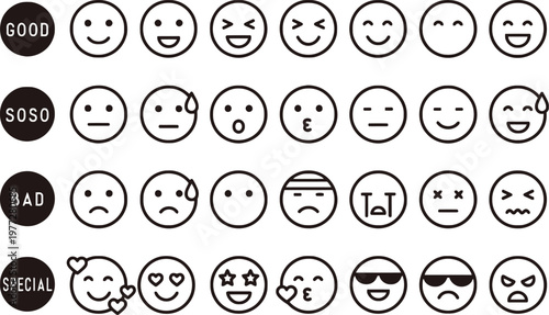 A collection of various emoticon faces on a white background
