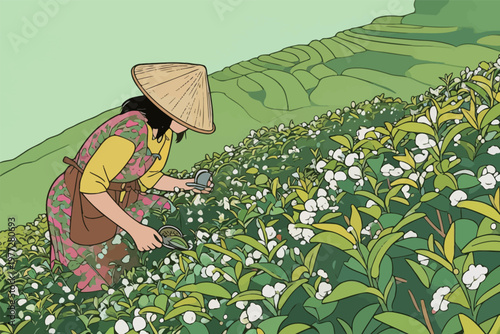 Tea Picker Harvesting Tea Leaves in Hilly Fields