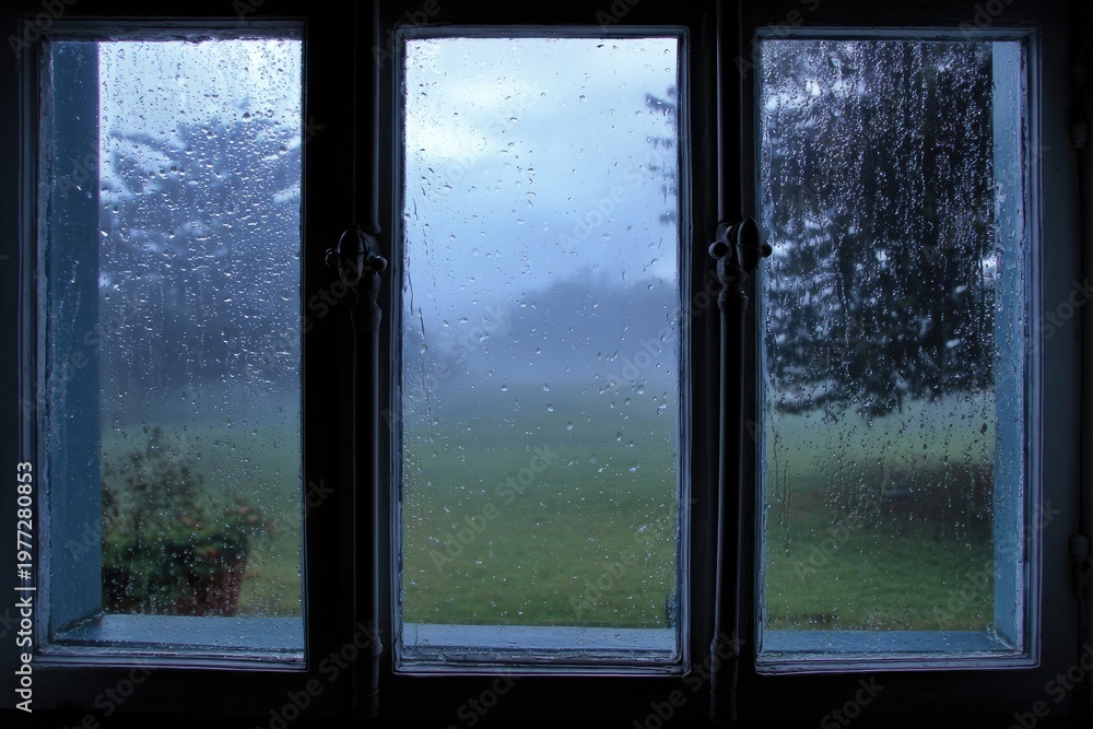 Fototapeta premium Raindrops streak a triple pane window overlooking a misty, green landscape