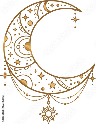 Golden celestial crescent moon with stars and sun pendants, bohemian mystical vector illustration isolated on white