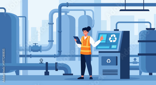 Industrial Worker Operating Recycling Machine.