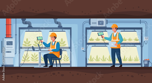 Industrial Workers Inspecting Equipment in Factory Setting.