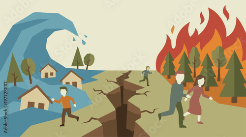 People fleeing natural disasters: tsunami, earthquake, and wildfire.